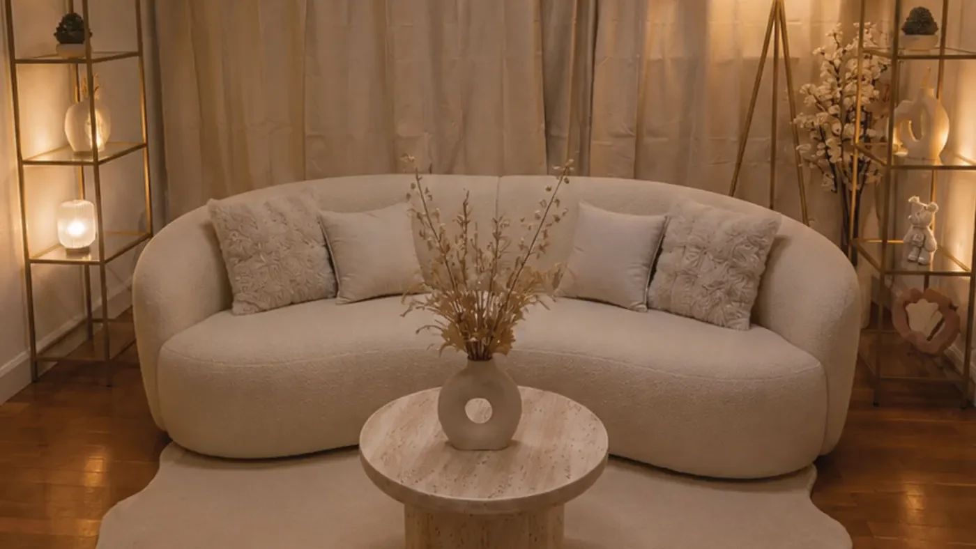 Studio-Set Cloud: helles geschwungenes Sofa mit rundem Steintisch vor cremefarbenen Vorhängen